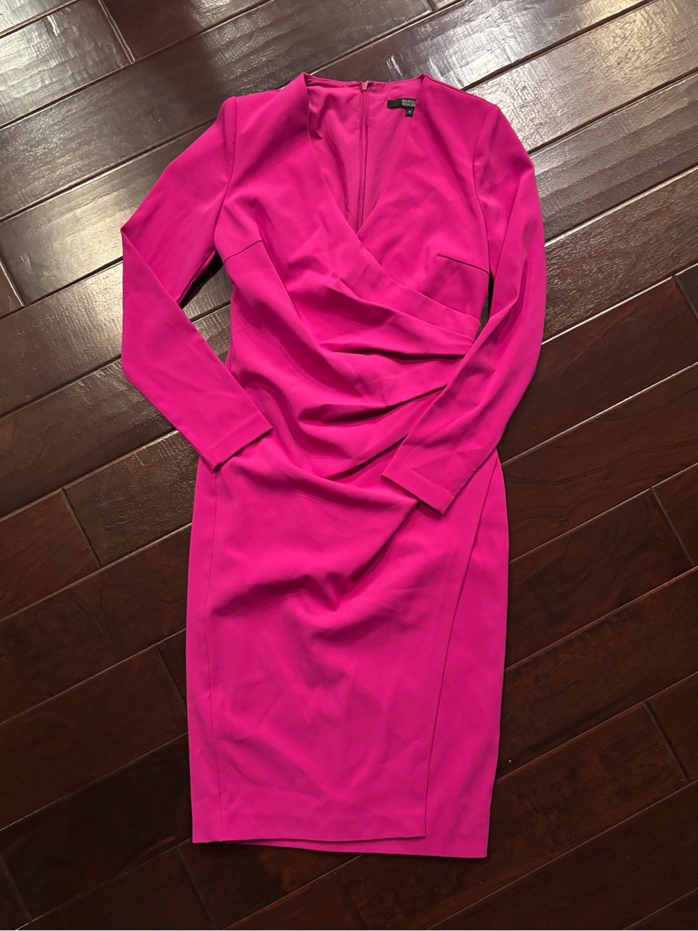 Badgley Mischka Fuchsia Wrap-Front Long Sleeve Sheath Dress
